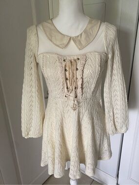 LIZ LISA Lolita Cream Lace-Up Knit Sweater Dress with Peter Pan Collar Japan